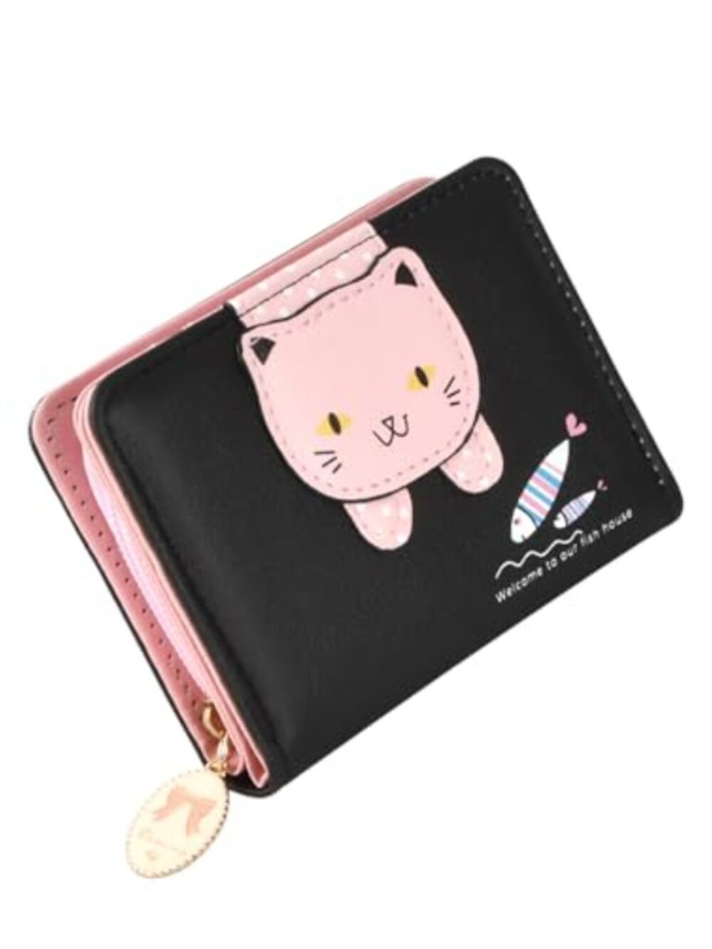 PU Leather RFID Blocking Bifold Wallet with Zipper & Cat Coin Purse